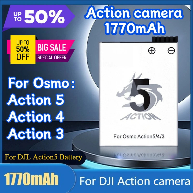 กล้องแอคชั่นแคมเมรา 1770mAh สําหรับ DJI Osmo Action 4/Action 5/Action 5 Pro แบตเตอรี่ชาร์จ