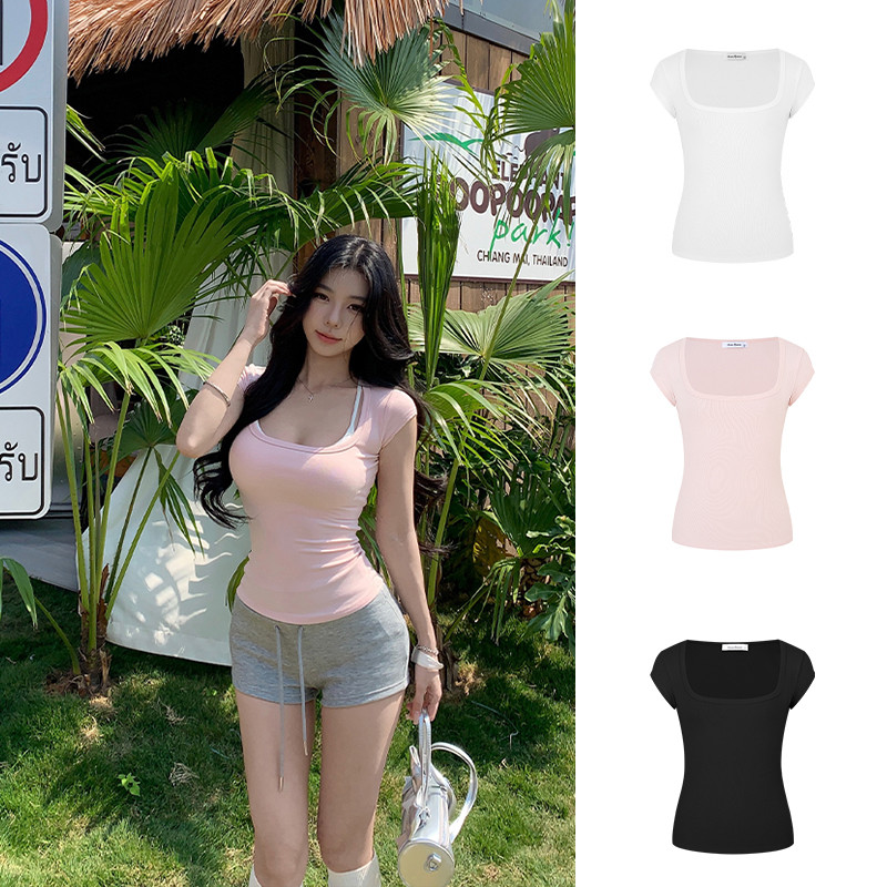 <Moss Queen> เสื้อยืดแขนสั้นคอยูเรียบง่ายด้านบนทรงเข้ารูปฤดูร้อนพร้อมไหล่ตรง