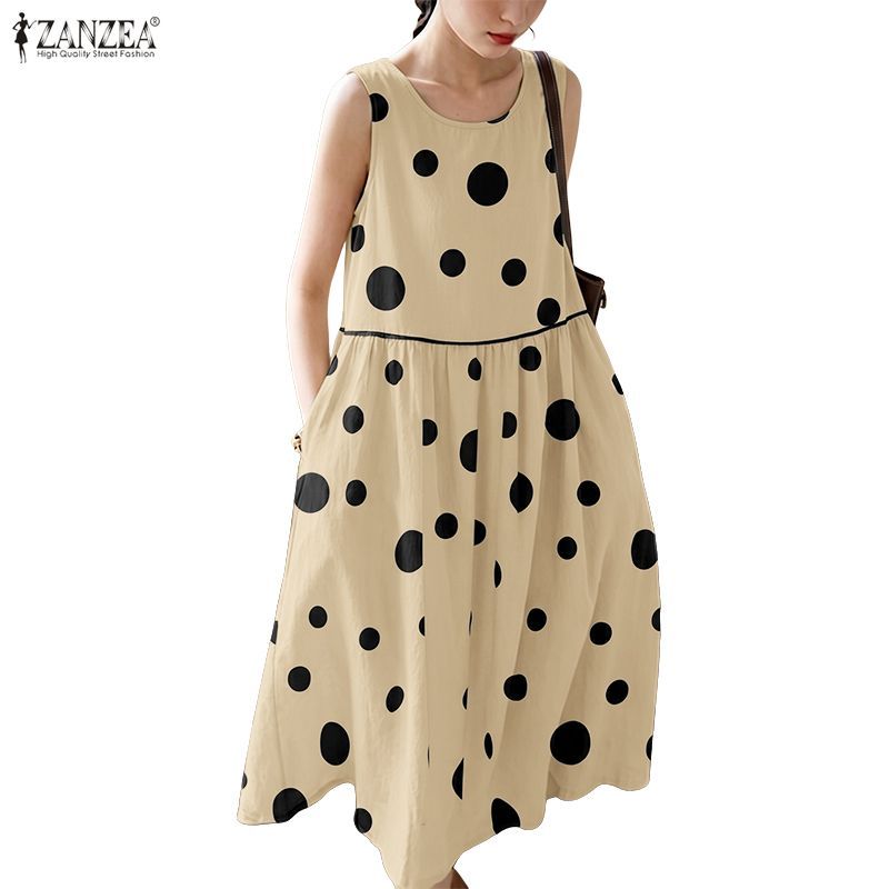 ZANZEA ชุดเดรสลําลองผู้หญิงทอลายจุดลูกไม้ขึ้นหลวม A-line Leisure Dress