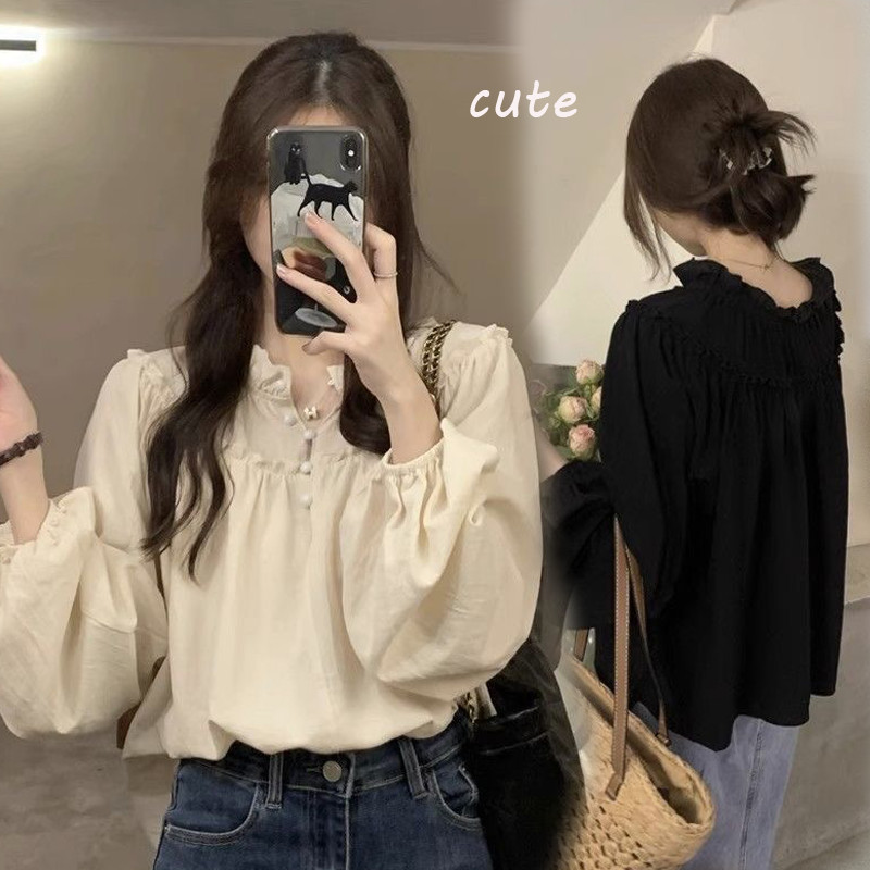 Cuties 💖W690  เสื้อเบลาส์แขนยาว คอกลม ทรงหลวม   แฟชั่นเรโทร สไตล์เกาหลี