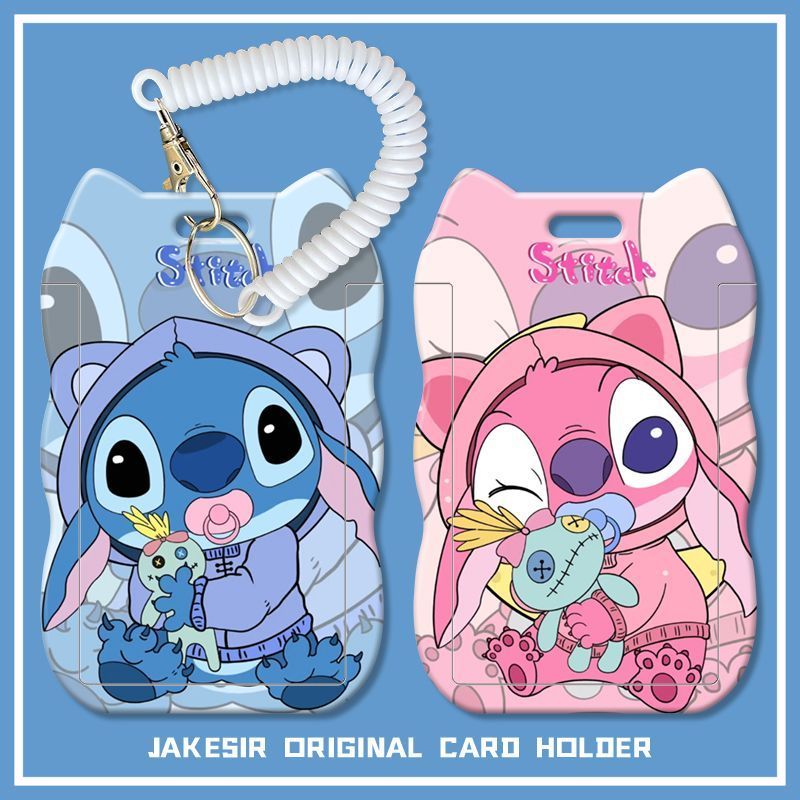 Stitch Angel การ์ตูนนักเรียนสไลด์หูแมวผู้ถือบัตร Stitch Meal Card รถบัส ID Card เคสป้องกันเชือกฤดูใบไม้ผลิ