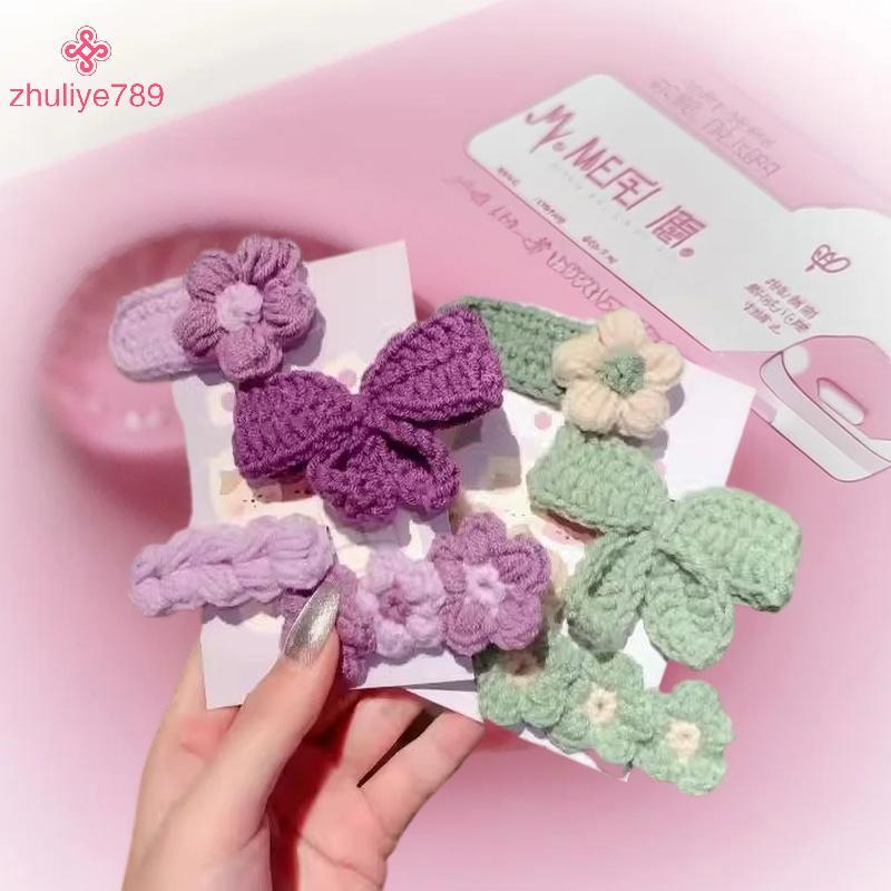 <zhuliye789> 4ชิ้นน่ารักถักBBคลิปผม,แฮนด์เมดดอกไม้ชายแดนคลิป,โบว์ปังคลิปสําหรับเด็ก,เหมาะสําหรับเทศก