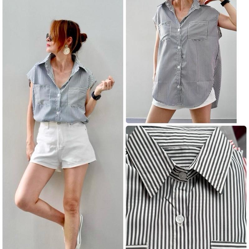 H001 เสื้อเชิต ทรงแขนเลย ชายโค้งลายทาง