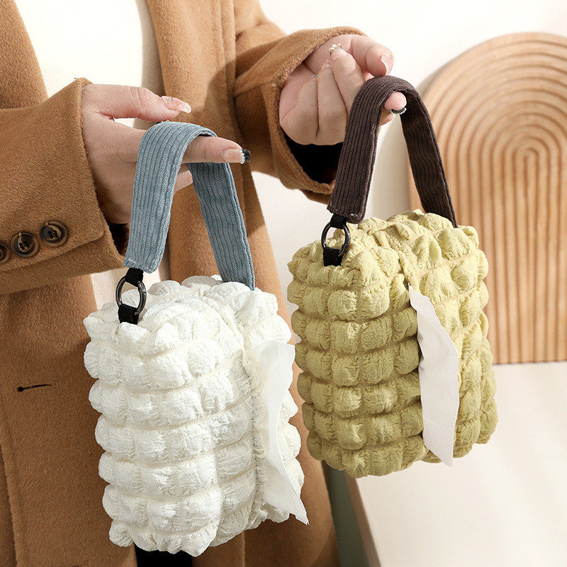 Simple Temperament Cream Puff Tissue Box Cotton Bubble Paper Box Portable Tissue Bag Car Hanging Tis