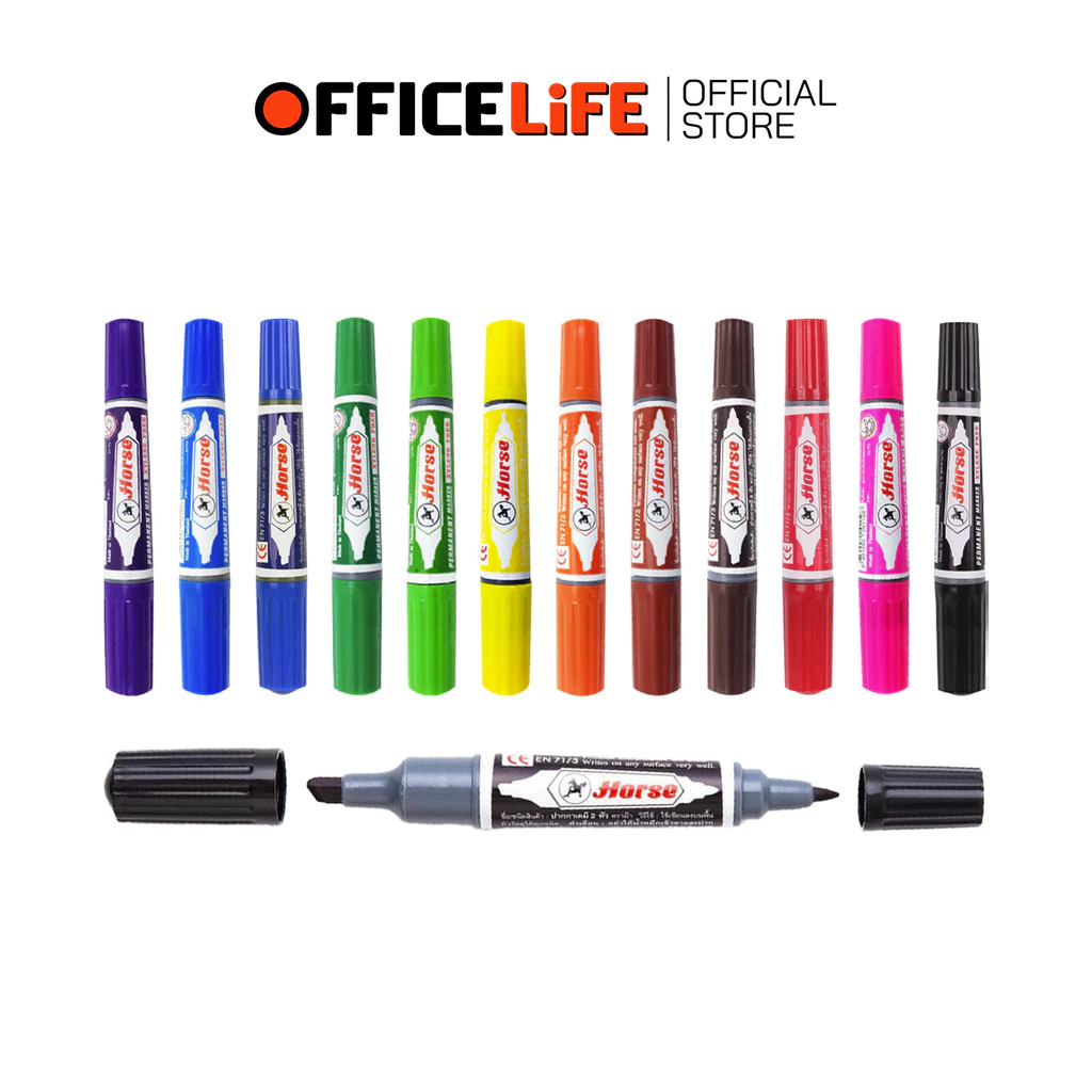 HORSE (ตราม้า) ปากกาเคมี มาร์กเกอร์ 2 หัว Twin-Pen Marker มีให้เลือก 12 สี กันน้ำ ( 1 ด้าม )