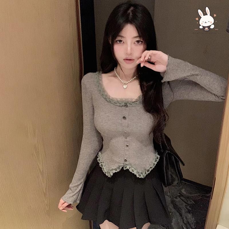 [Teh] เสื้อลูกไม้คอเหลี่ยมแขนยาวลําลองปุ่มตกแต่งถักPullovers [VN]