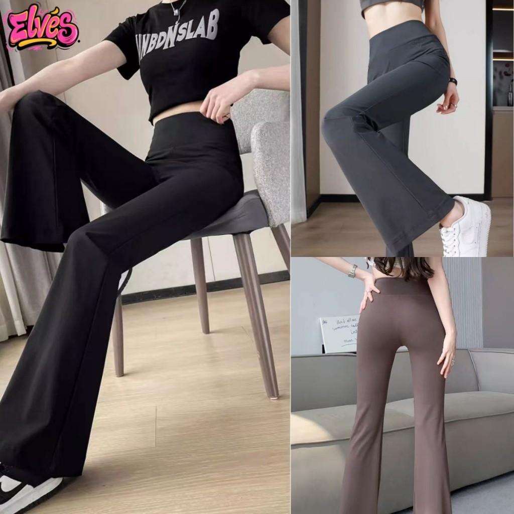 Elves พร้อมส่ง💟 กางเกงขายาวทรงตรงเอวสูง เนื้อผ้านุ่ม เข้ารูป กางเกงโยคะ“NZ1330”