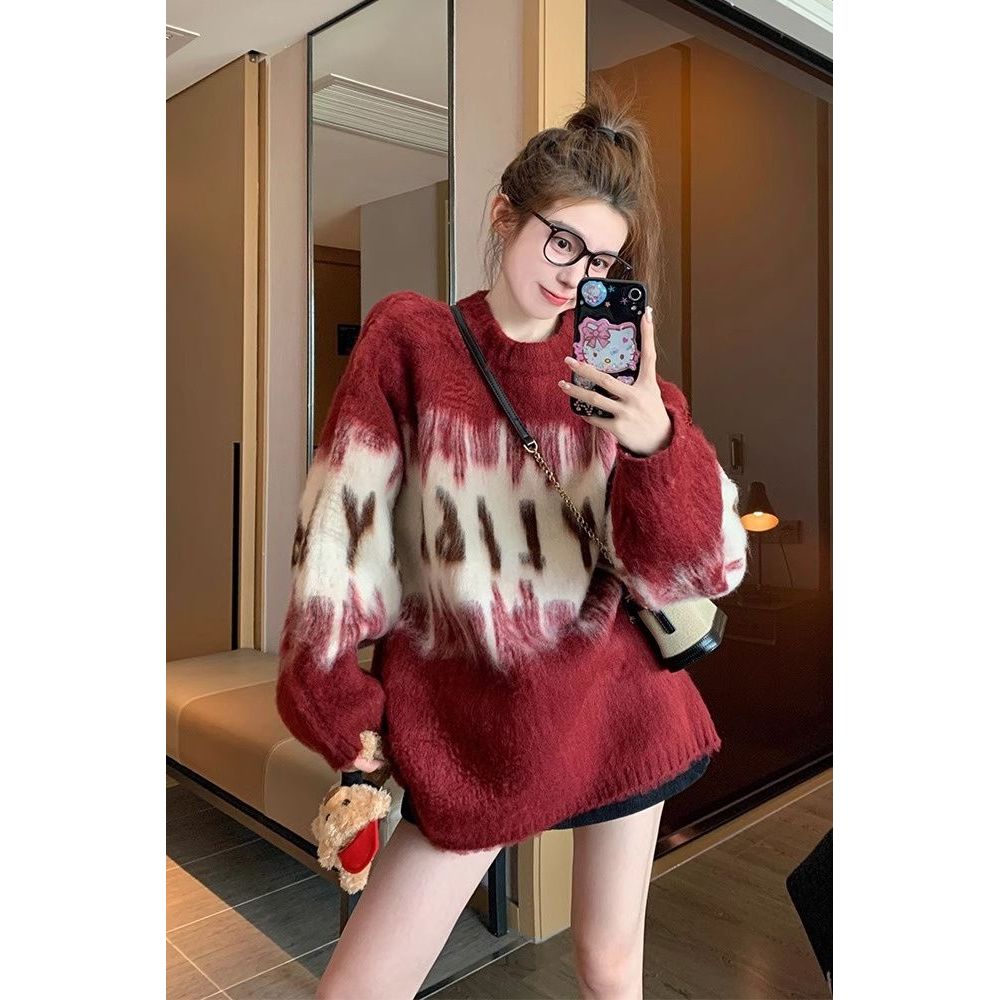 เสื้อกันหนาวสีแดงสำหรับผู้หญิงปี 2024 แบบทอลาย V คอตief หนา