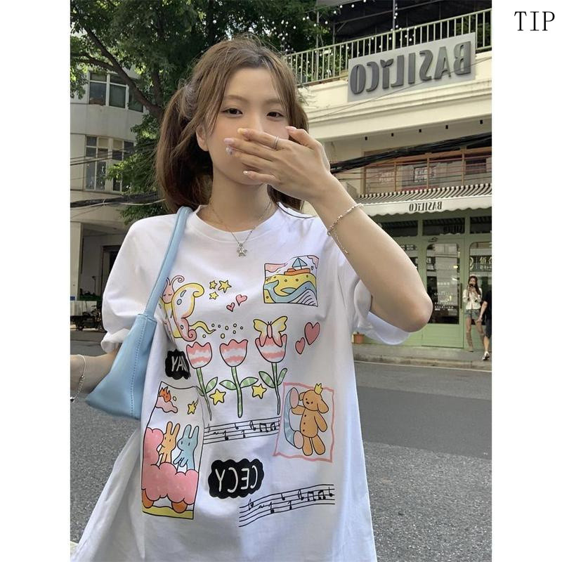 C96【พร้อมส่ง】C96 เสื้อยืดลายสกรีนน่ารัก สไตล์เกาหลี ผ้าคอตตอนแท้ 2 ชั้น ใส่แล้วโคเรียสุด ๆ ไม่ย้วย ไ