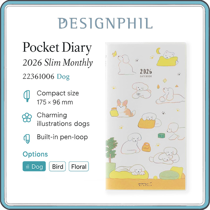 Midori 2026 B6 Slim Monthly Pocket Diary Planner – Dog, Bird & Country Time Floral Covers – Japanese