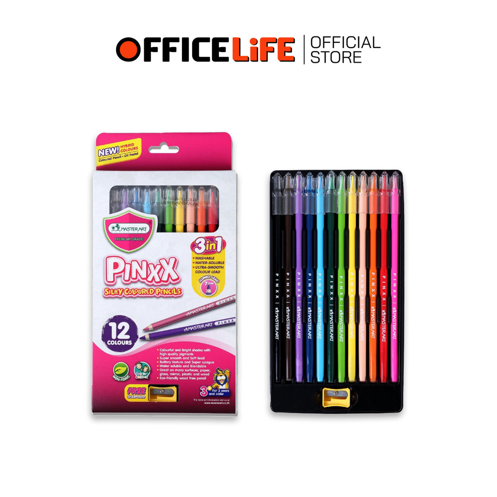 Master Art (มาสเตอร์อาร์ต) ดินสอสี สีระบายน้ำได้ รุ่น PINXX 12 สี 3in1 PINXX silky coloured pencils ( 1 กล่อง )