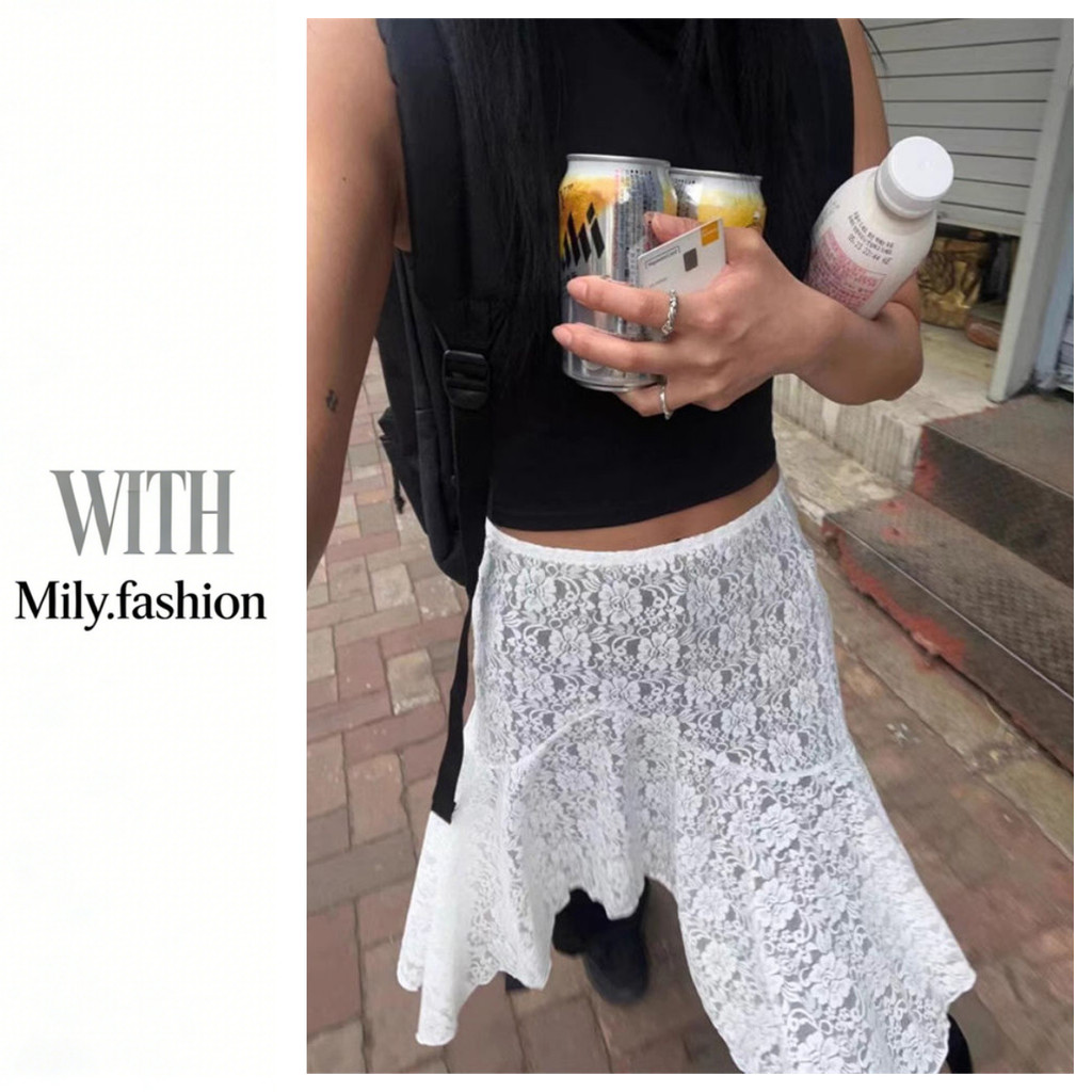 Milyfashion Pure Desire Fishtail All-Match กระโปรงลูกไม้ Retro การออกแบบไม่สม่ําเสมอ Layered Slimmer ดูความยาวกลางเอวยางยืด