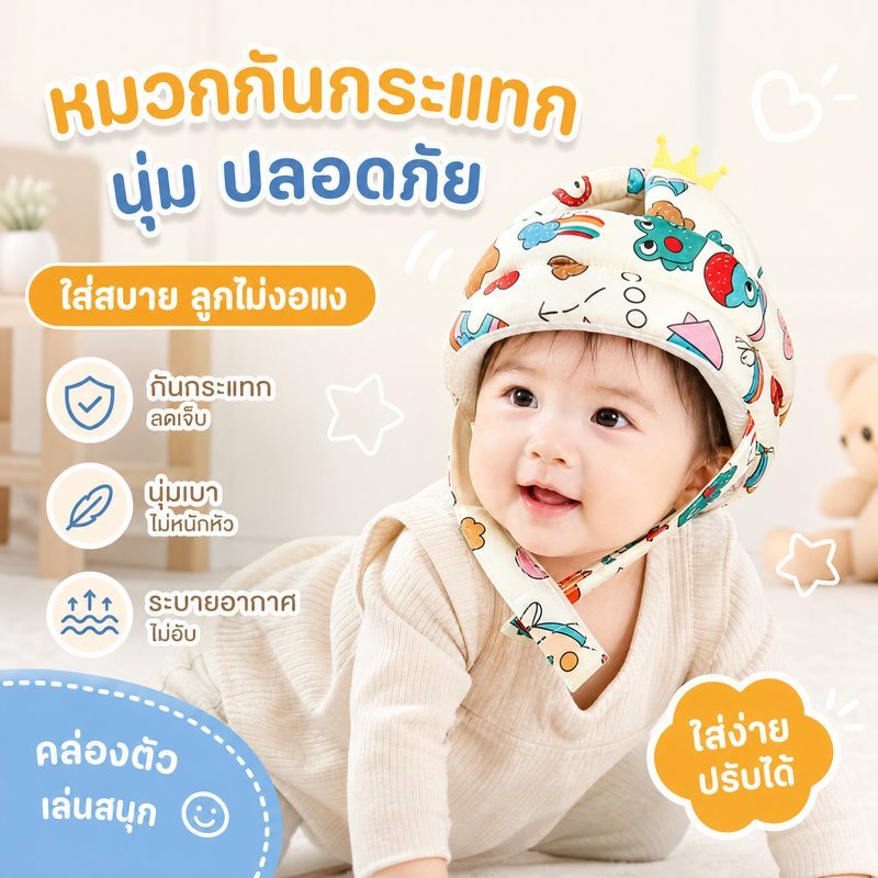 หมวกกันกระแทกเด็ก หมวกกันล้มเด็ก ปรับได้ ระบายอากาศ นุ่มเบา ป้องกันศีรษะ เด็กหัดเดิน คลาน