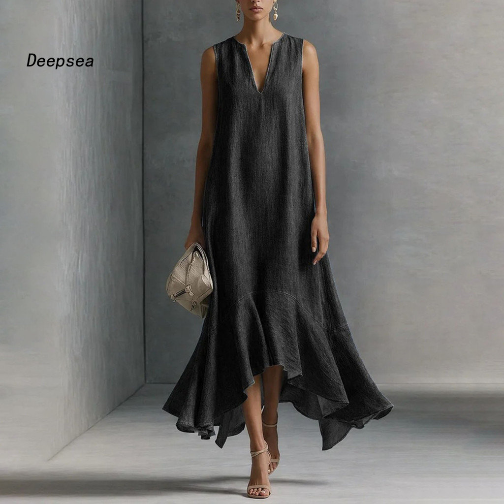 DPA ผู้หญิงs ยาว Denim Maxi ชุดแขนกุด V คอลําลองหลวม Ruffle Beach Vacation Sundress ฤดูร้อนไหลชุดผู้