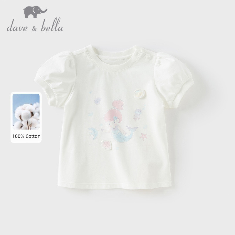 Dave Bella Girls เสื้อยืดแขนสั้นผ้าฝ้ายแท้ 2026 ฤดูร้อนลูกเรือคอพิมพ์ด้านบนน่ารัก DB2251292
