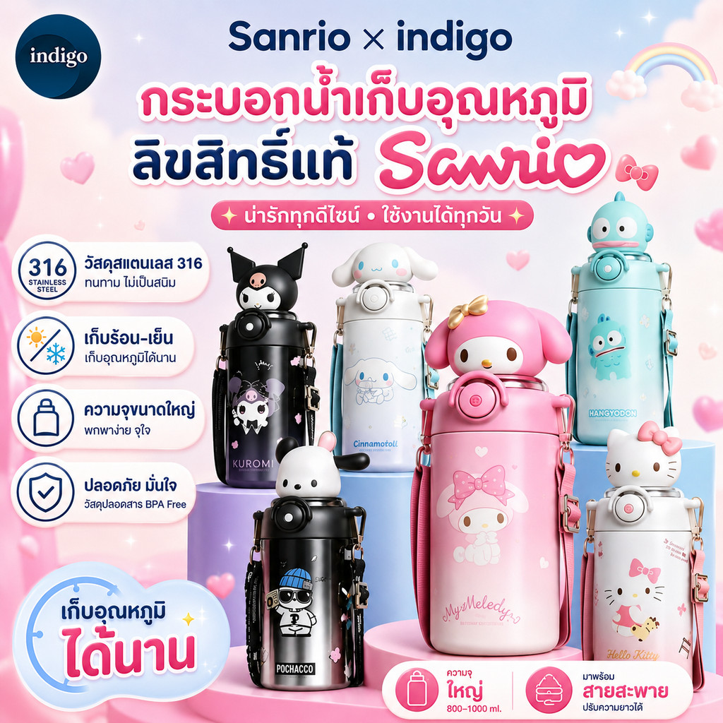 indigo x Sanrio กระติกน้ำเก็บความเย็น กระบอกน้ำเก็บอุณหภูมิฝา3D กระติกน้ำสายสะพายเด็ก ขวดน้ำเด็กหลอดเด้งรุ่น 316พร้อมส่ง