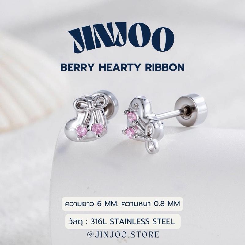 Jinjoo จิวต่างหู Berry Heartly Ribbon หนา 0.8 mm. ดีไซน์หัวใจโบว์ สแตนเลส316 (แป้นแบน)