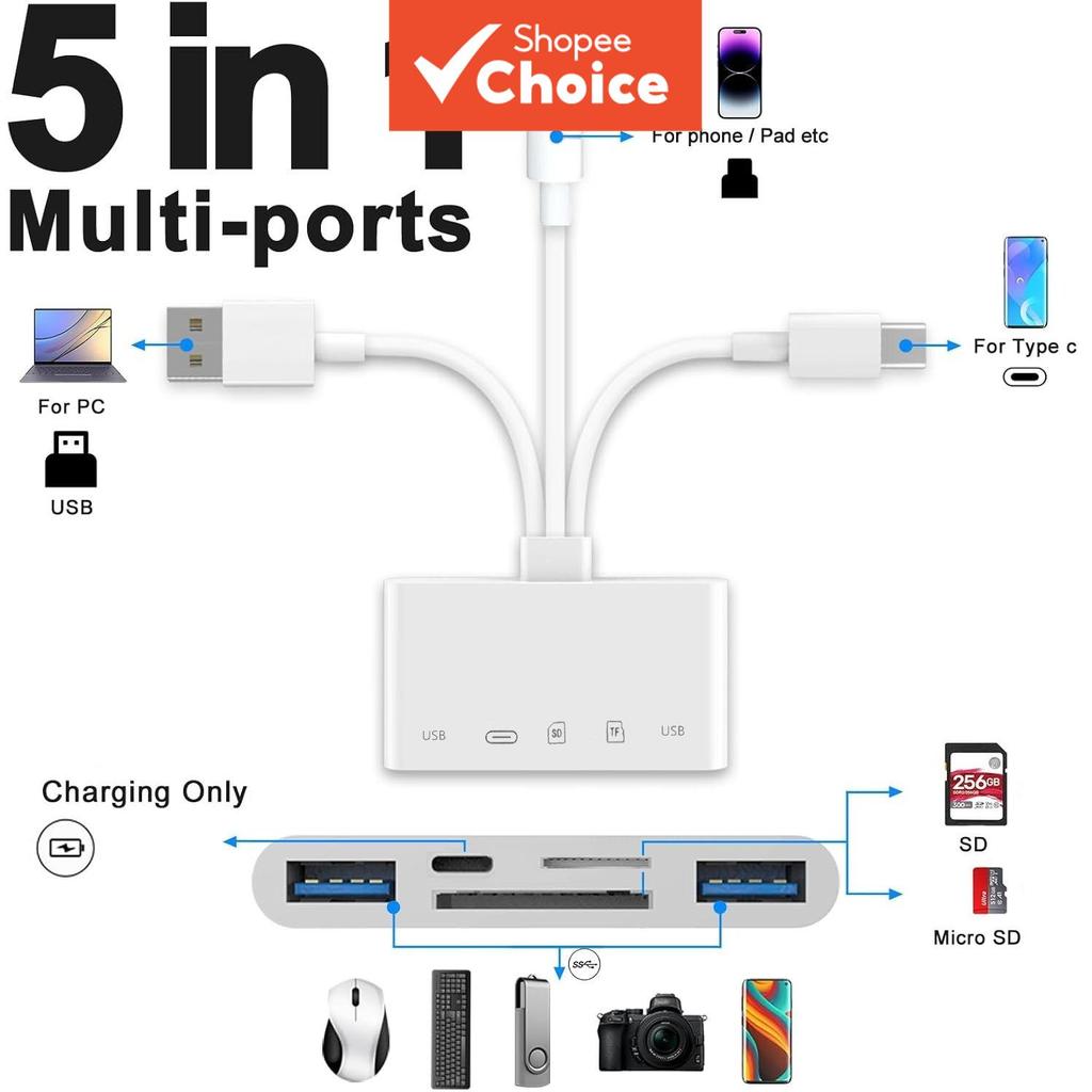 ฮับยูเอสบี 5-in-1 พร้อมช่องอ่านการ์ด TF/SD และพอร์ต Type-C สําหรับ iPhone, iPad, MacBook อะแดปเตอร์ OTG