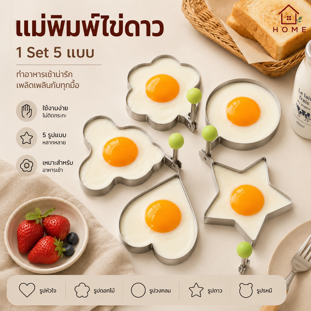 Home007 (1set 5pcs) แม่พิมพ์ไข่ดาว แม่พิมพ์ทอดไข่ แม่พิมพ์สแตนเลส ที่ทำไข่ดาว พิมพ์ทำอาหาร เซ็ตแม่พิมพ์ทอดไข่ดาว