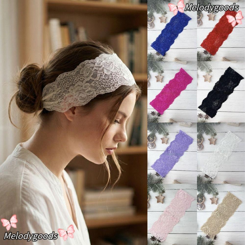 MELODG ตาข่ายลูกไม้แถบคาดศีรษะ, Elegant Elastic Lace Headscarf, แฟชั่น Hollow-Out น้ําหนักเบาสีทึบ Headwrap หมวก Lady Girls Headwear