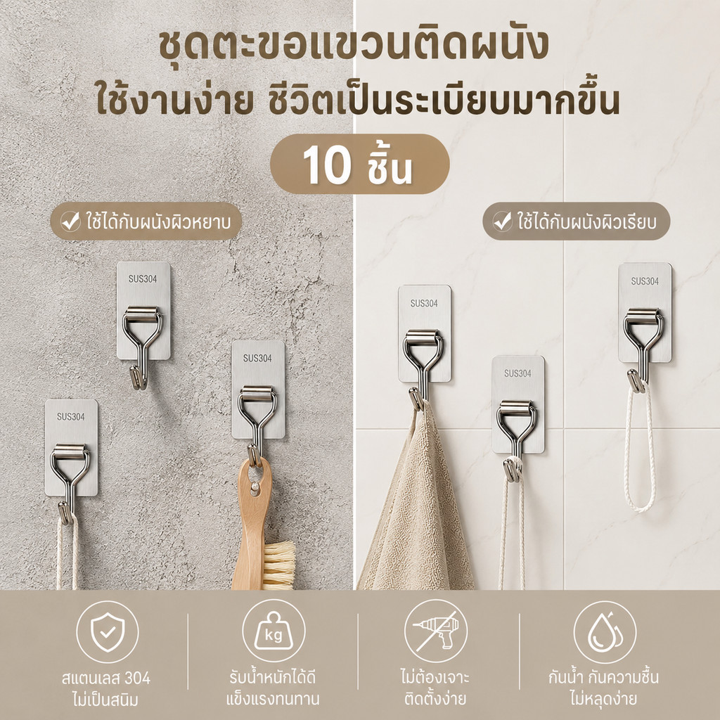 ขอแขวนติดผนัง 10 ชิ้น สแตนเลส 304 ไม่ต้องตอกตะปู ไม่เป็นสนิม ติดได้ทั้งผิวหยาบและผิวเรียบ ใช้ในห้องน้ำ ห้องครัว