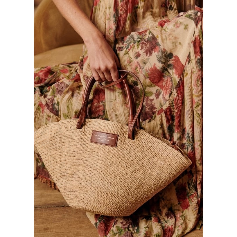 Daigou Sezane JUSTINE Raffia Patchwork กระเป๋าสะพายหนังทอมือและฟาง พร้อมดีไซน์ปักงานฝีมือ หลากหลายขน