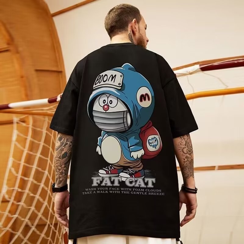 2026 Niche Street Wear Fat Mens Wear Loose Japanese Cartoon Casual Short Sleeve T-Shirt Pure Cotton 
