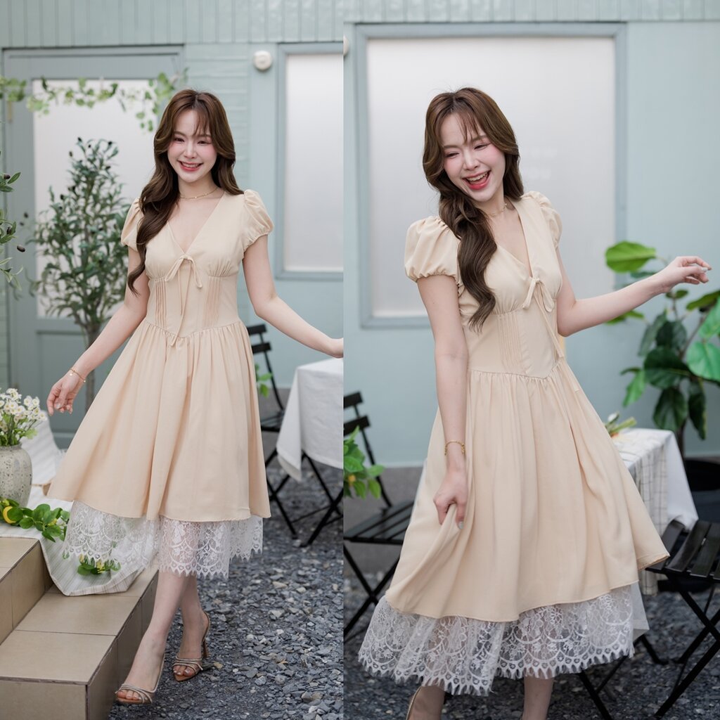 Priscilla Midi Dress : สีเบจ [Made by Pastel Time]