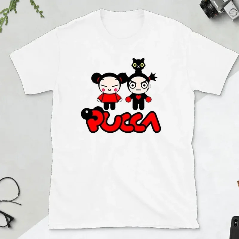 เสื้อยืดผ้าฝ้ายแขนสั้นสำหรับผู้หญิง พิมพ์ลายการ์ตูน Pucca และ Garu น่ารัก กราฟิกตลก