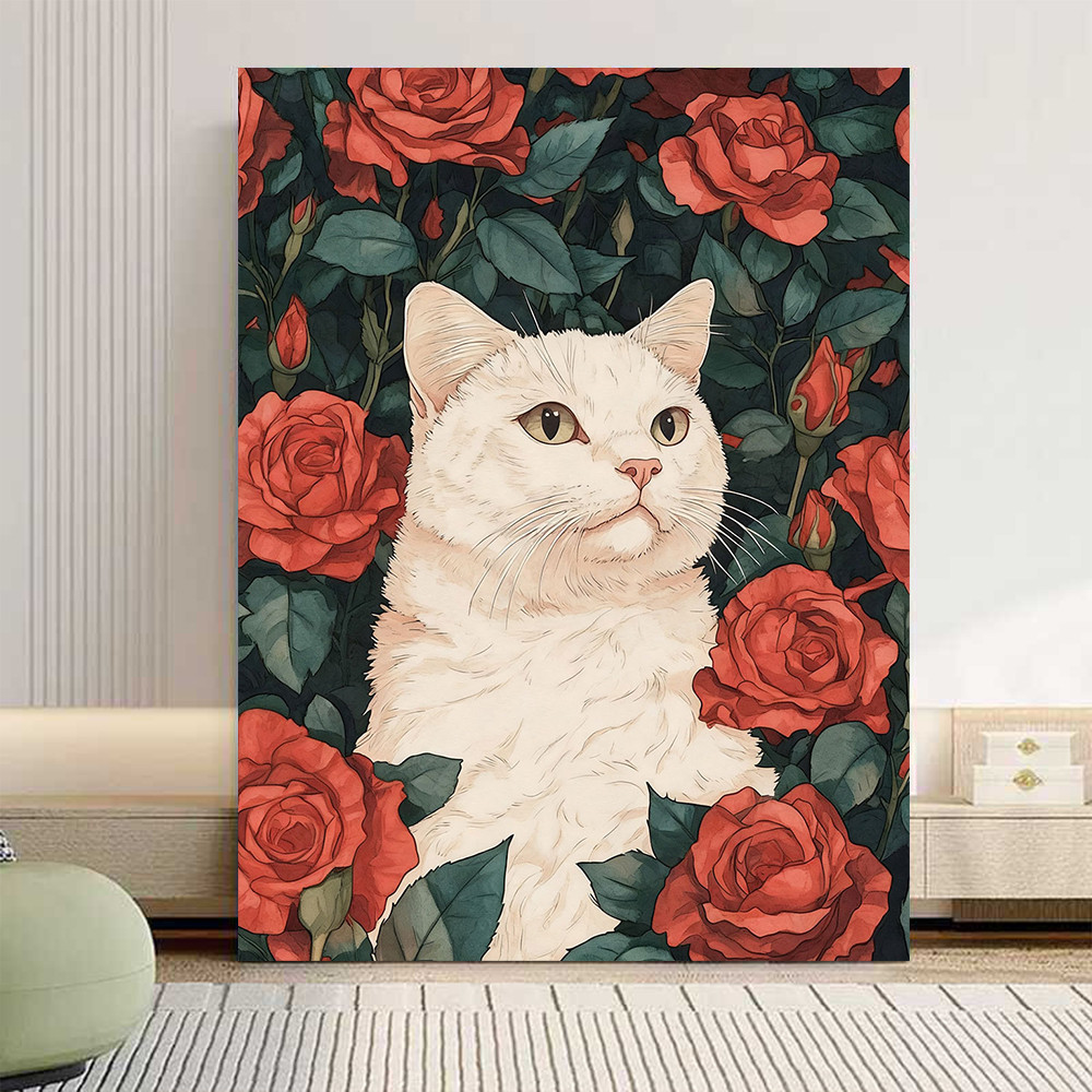 ACANDYL White Cat & Red Roses Paint by Number Kit 30*40cm พร้อมกรอบ | ทําเอง งานฝีมือสีตามจํานวนของขวัญสําหรับตกแต่งผนังบ้าน