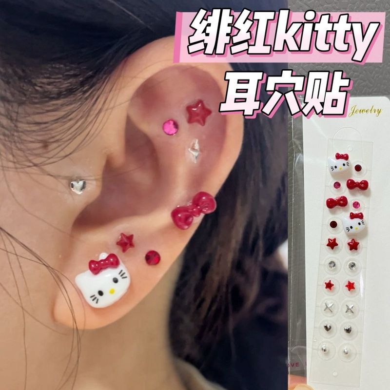 红色kitty猫耳穴贴,蝴蝶结星星耳廓贴,耳豆贴12.9Red Kitty Cat Ear Patch, Bow Star Ear Patch, Ear Bean Patch 12.9