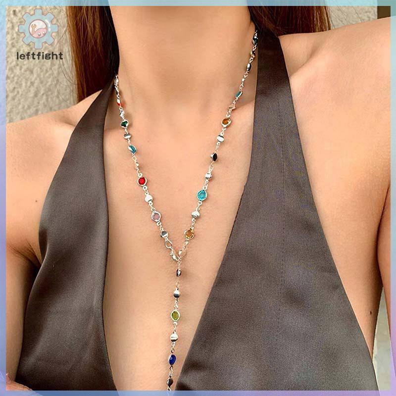 LEFT แฟชั่นแก้วที่มีสีสันยาว Y-รูปสร้อยคอโลหะ Collarbone Chain ทองเงินสี sel สร้อยคอ Party Body เครื