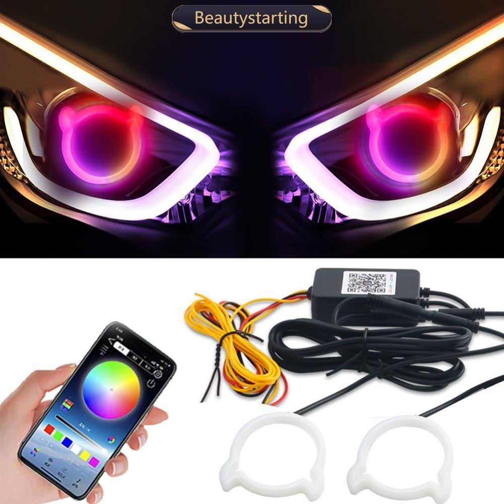 BEAUTYSTARTING ไฟหน้ารถปีศาจสไตล์หัวใจ LED Angel Eye แหวน APP ควบคุม RGB เปลี่ยนสี DRL สําหรับไฟหน้า