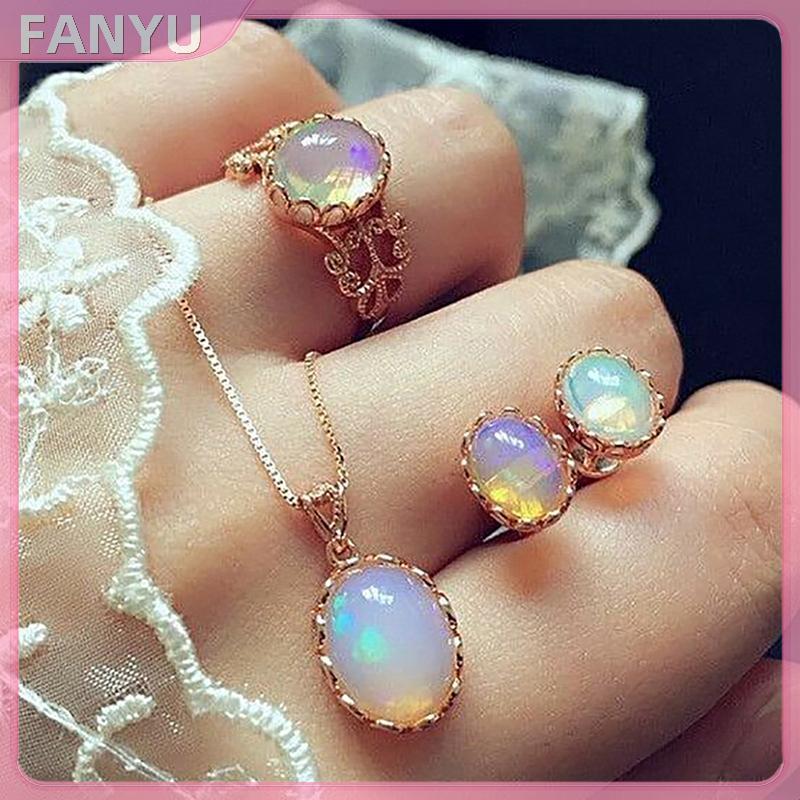 Sgl Elegant Aurora รูปไข่เพทายสร้อยคอต่างหูแหวนชุดเครื่องประดับสําหรับผู้หญิงโรแมนติกชุบทอง Faux โอป