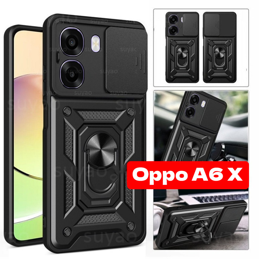 สําหรับOppo A6X A6 X A6T 2025 เคสโทรศัพท์แหวนผู้ถือปลอกOppoA6X OppoA6 Pro OppoA6Pro OppoA6Tเลนส์Push-Pullสไลด์กล้องเกราะป้องกันกันกระแทกขอบนุ่ม Hard PCปกหลัง