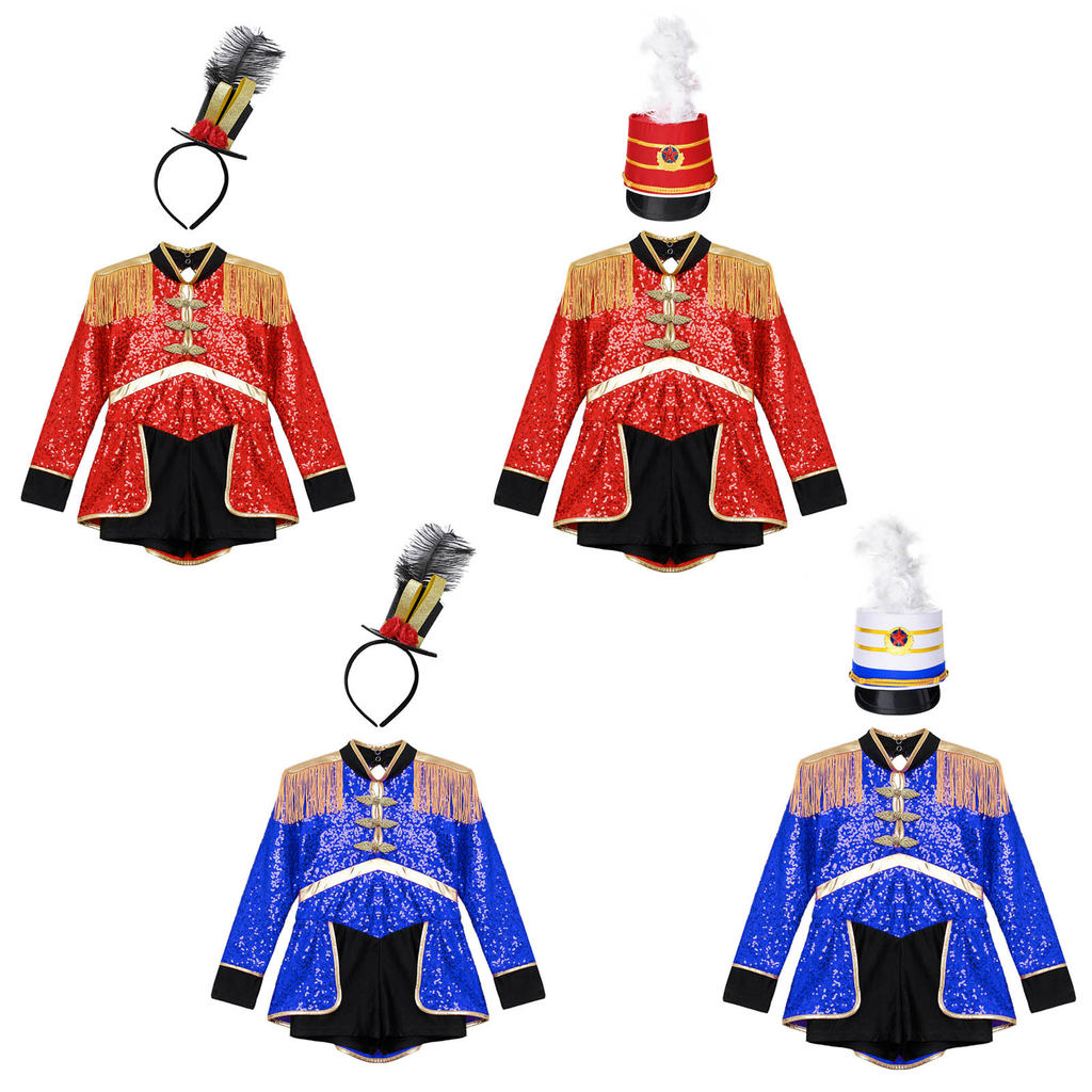 Jhaoyu เด็กสาว Circus Drummer คอสเพลย์เครื่องแต่งกายแขนยาว Fringe Epaulet เลื่อมบอดี้สูท Mini Top หมวกกลองทีมหมวกอุปกรณ์เสริม
