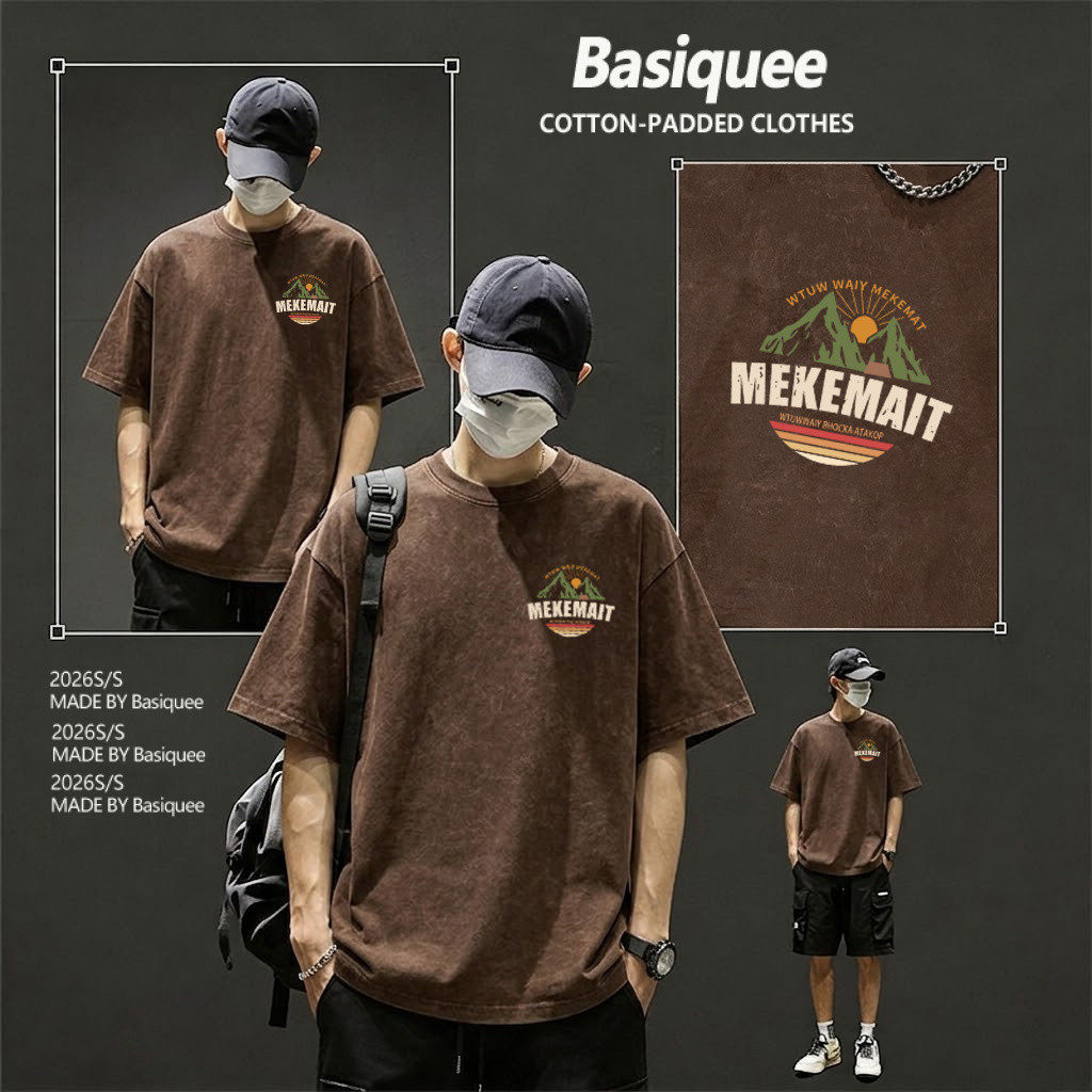 Basi เสื้อผู้ชาย เสื้อยืด oversize เสื้อฟอก วินเทจ สตรีท เกรดพรีเมียม เสื้อคอตตอน ไม่หดตัว ใส่สบาย ลาย "MEKEMAIT"