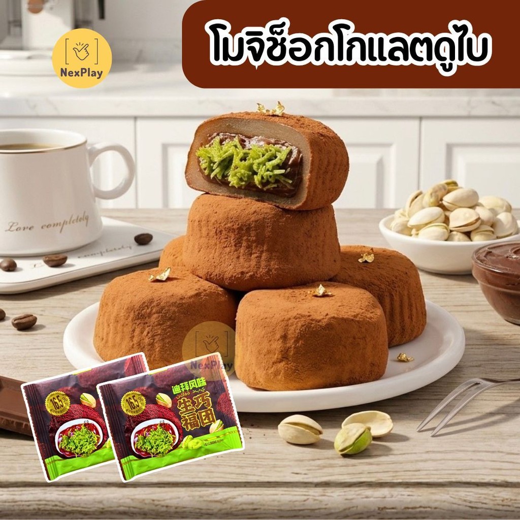 พร้อมส่ง โมจิสอดไส้ช็อกโกแลตพิสตาชิโอ (1ชิ้น) ขนาด30กรัม  เส้นคูนาฟ่าแน่นๆ เนื้อนุ่มหนึบ อร่อยเต็มคำ