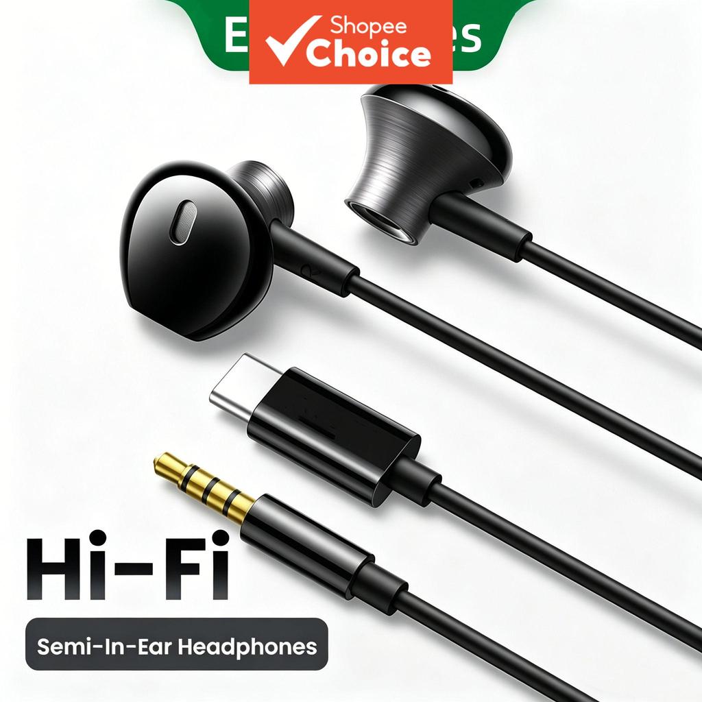 หูฟังมีสาย Type-C 3.5 มม. แบบกึ่งอินเอียร์ สเตอริโอ HiFi พร้อมไมโครโฟนและปุ่มควบคุมบนสาย สวมใส่สบาย เหมาะกับโทรศัพท์ แอนดรอยด์ แท็บเล็ต แล็ปท็อป