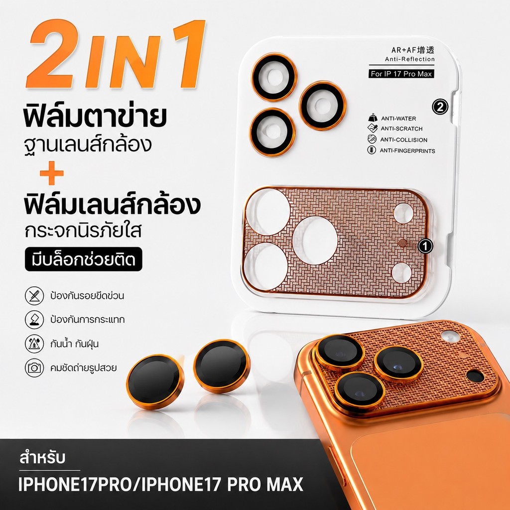 JC168(016)  2in1ฟิล์มฐานกล้องแบบตาข่าย+ฟิล์มเลนส์กล้องมีบล็อกช่วยติด สำหรับ iP17PRO/iP17PROMAX