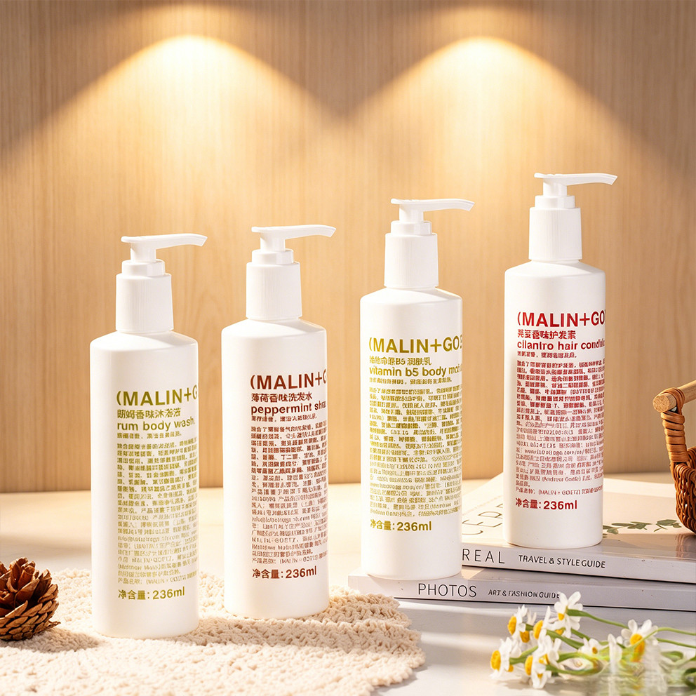 MALIN+GOETZ 4pcs Set – Peppermint Shampoo / Cilantro Conditioner / Rum Body Wash / Vitamin B5 Body Lotion – Le Meridien Hotel Amenities 236ml