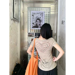 <Moss Queen> เสื้อยืดแขนสั้นพิมพ์ลายตัวอักษรหัวใจสไตล์อเมริกัน,เสื้อคอยูทรงเข้ารูปฤดูร้อน