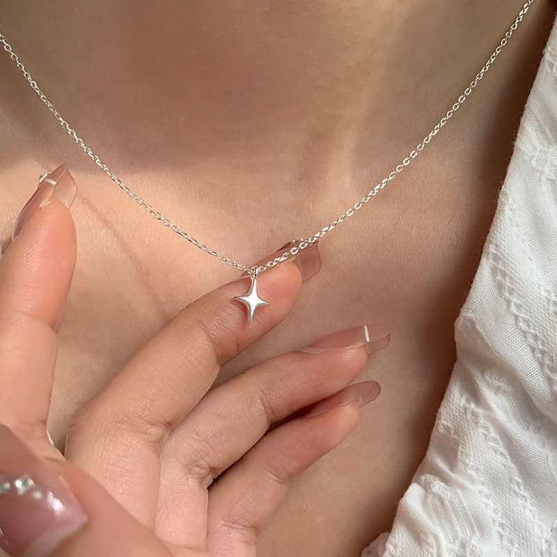 เงินสเตอร์ลิง Four-Pointed Star จี้สร้อยคอ Minimalist Fine CHAIN ประณีตขนาดเล็กทุกวัน All-Match Clavicle CHAIN
