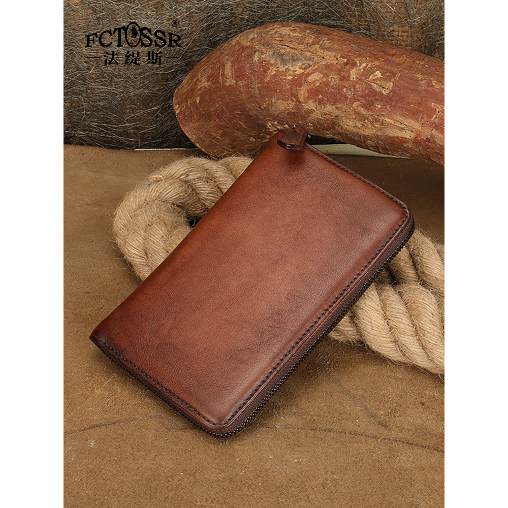 Fatis Retro Clutch Bag First Layer Cowhide Card Bag Zipper Style กระเป๋าสตางค์หนังแท้กระเป๋า Casual 