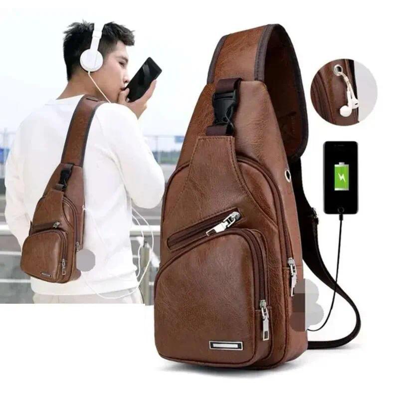 กระเป๋าสะพายข้างแฟชั่นผู้ชาย PU ดีไซน์เรียบง่าย ฟังก์ชั่นชาร์จ USB และซิปมัลติฟังก์ชั่น