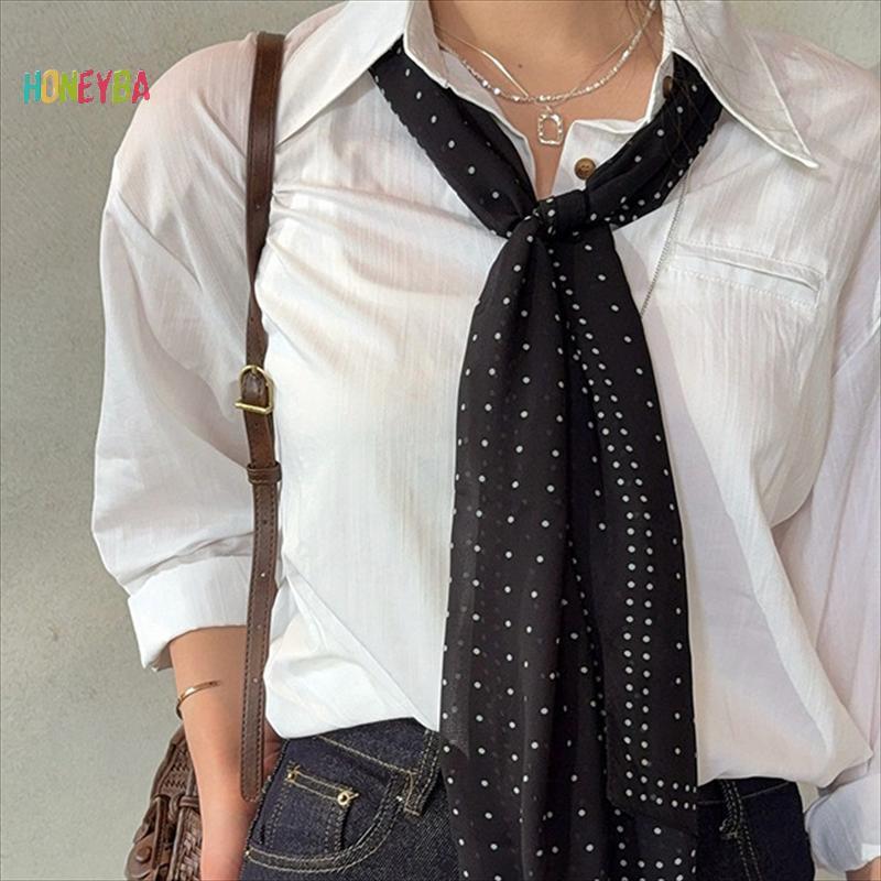 <Honeyba>Retro Old Moneyสไตล์ผ้าพันคอผ้าไหมผู้หญิงPka Dotsคอผ้าพันคอAll-Matchยาวผ้าคลุมไหล่แนวโน้มแฟ