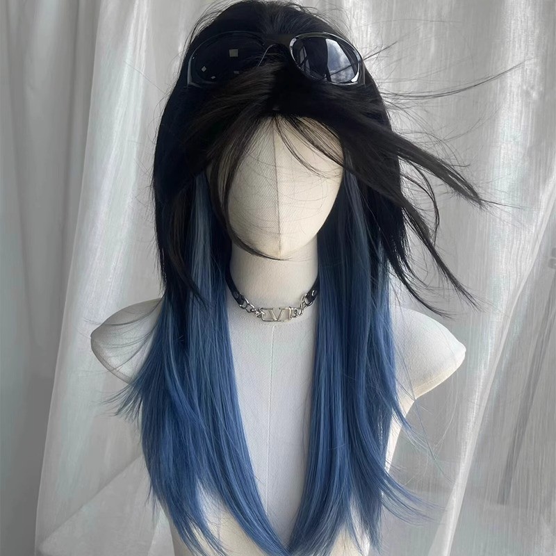 [Stellar Wolf] Quantum Hunter Wig Ink Black to Nebula Blue Ombre - Bangs Wolf-cut ตรงกลางเนื้อหลายชั