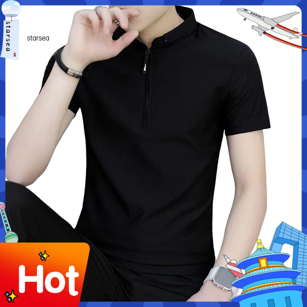 SRA ZK Casual Men Tee Men Stand-up Collar Top ผู้ชายฤดูร้อน V คอซิปเสื้อ Slim Fit แขนสั้น STAND COLL