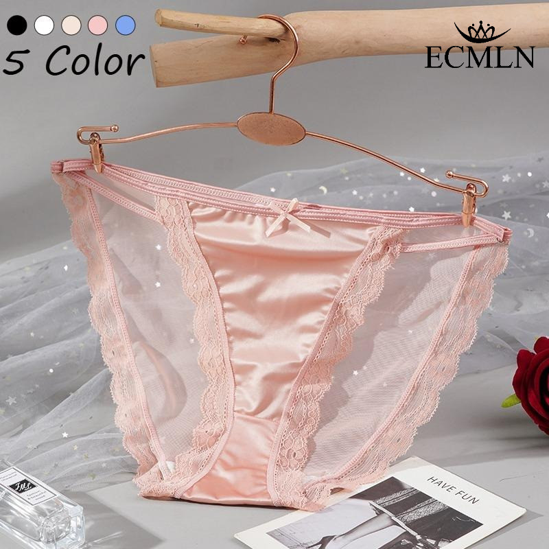 ECMLN ซาตินโบว์ลูกไม้ผู้หญิงกางเกงเซ็กซี่หวานกลางเอวผ้าฝ้าย Crotch สบายและ Breathable กางเกงM-XL