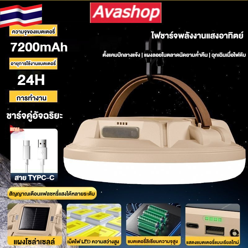 ไฟตั้งแคมป์ LED แบบพกพา, แบตเตอรี่ 7200mah, กันน้ํา Ip66, Type-C, โหมดปรับความสว่างได้ 4 โหมด, ชาร์จใหม่ได้